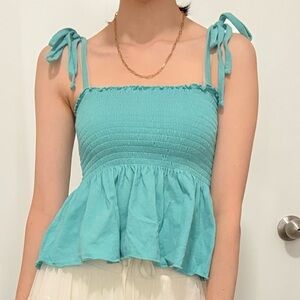 Forever 21 | Smocked Peplum Ribbon Strap Tank Top | Aqua Blue | Size S | Like Ne